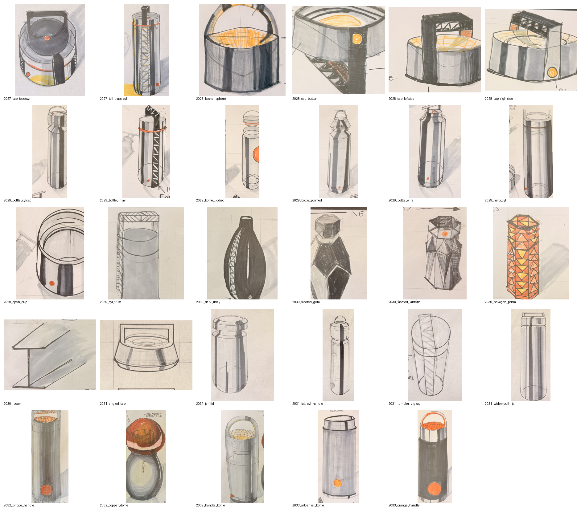 Contact sheet of 29 industrial design sketches used as training data