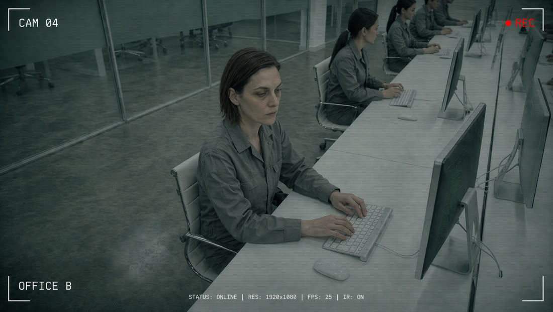 Irene at her Compliance Bureau workstation, seen through the Bureau's own surveillance camera, CAM 04, Office B.