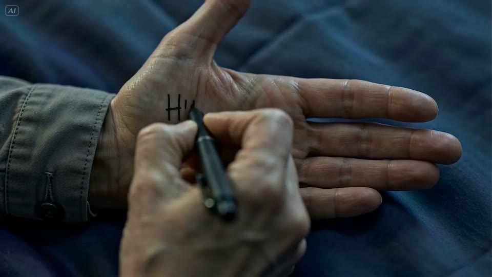 Extreme close-up of a hand writing HUMAN on the open palm in ink, apartment at night, aquarium light.