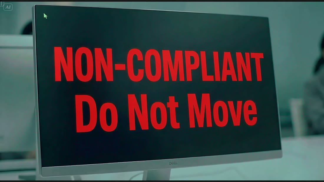 A workstation monitor filling the frame with red text reading NON-COMPLIANT, Do Not Move, a cursor in the corner.