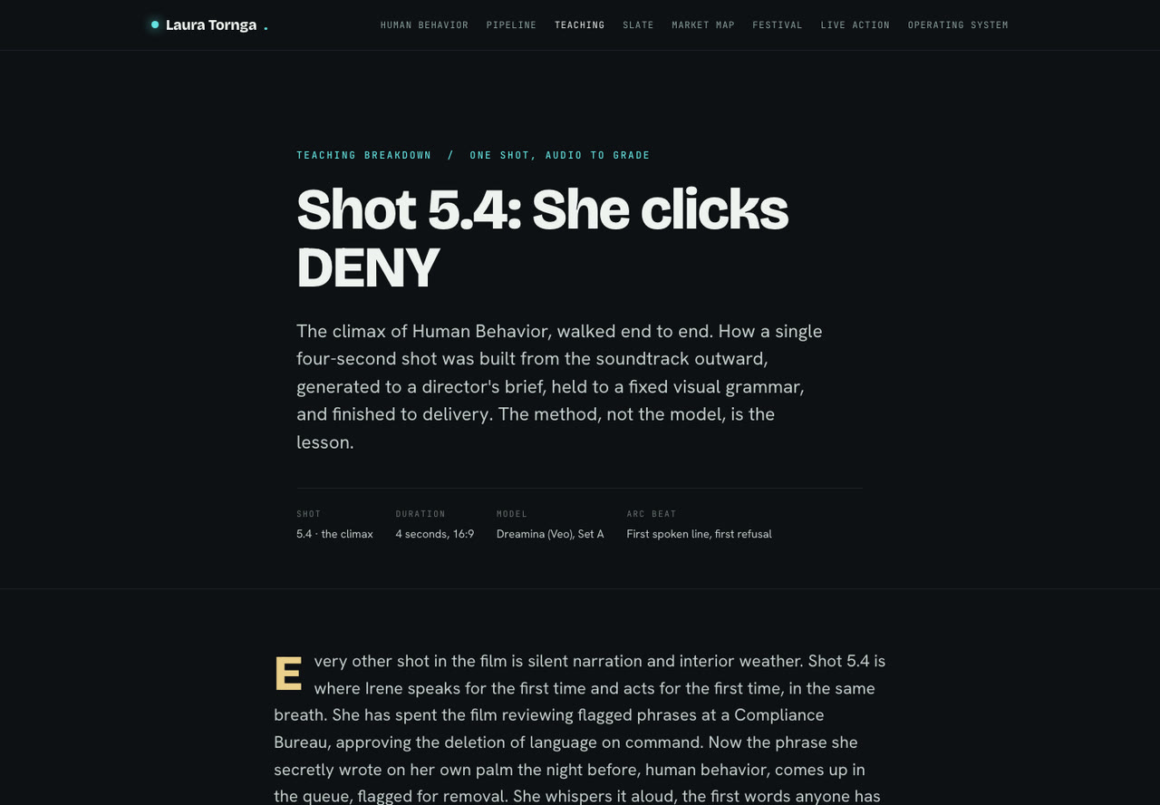 The teaching breakdown interface: editorial dark layout walking one shot from audio to grade.