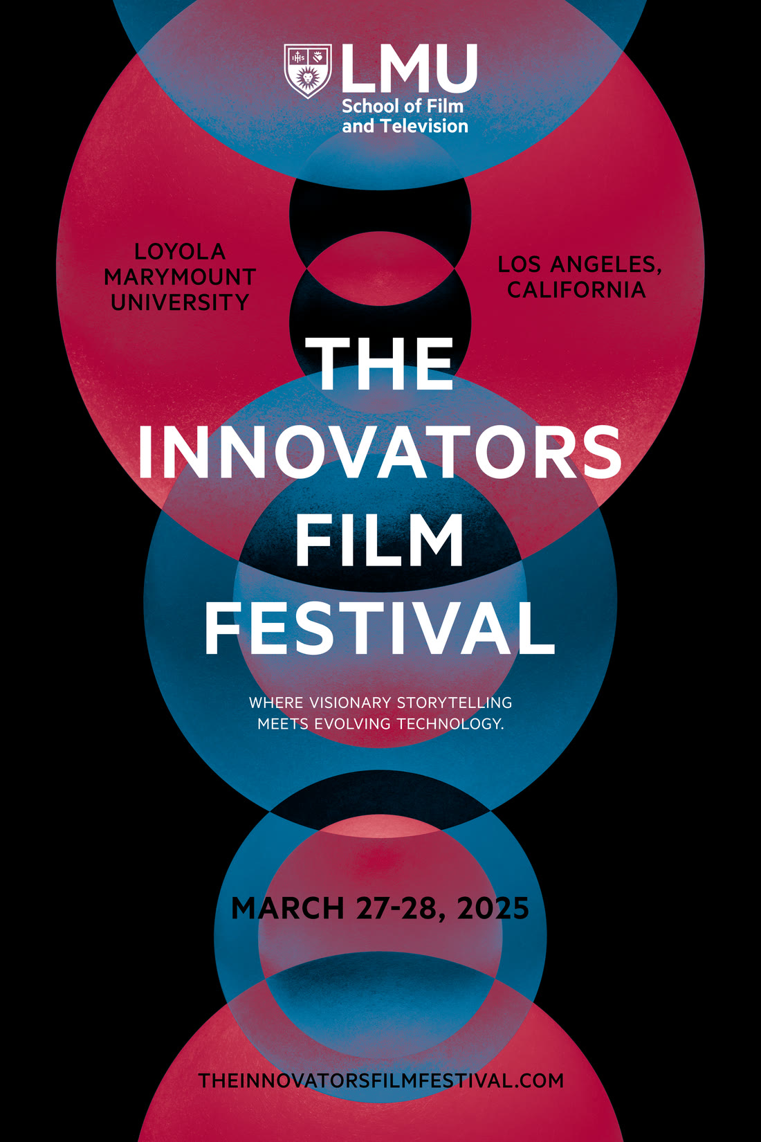 The final festival key art: overlapping crimson and blue circles, LMU School of Film and Television, where visionary storytelling meets evolving technology.