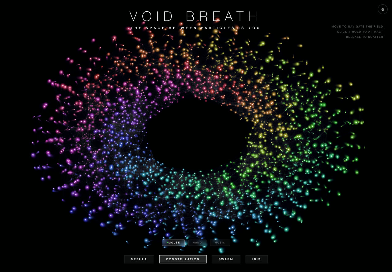 Void Breath: a torus of thousands of colored particles on black, slowing to a guided breath.